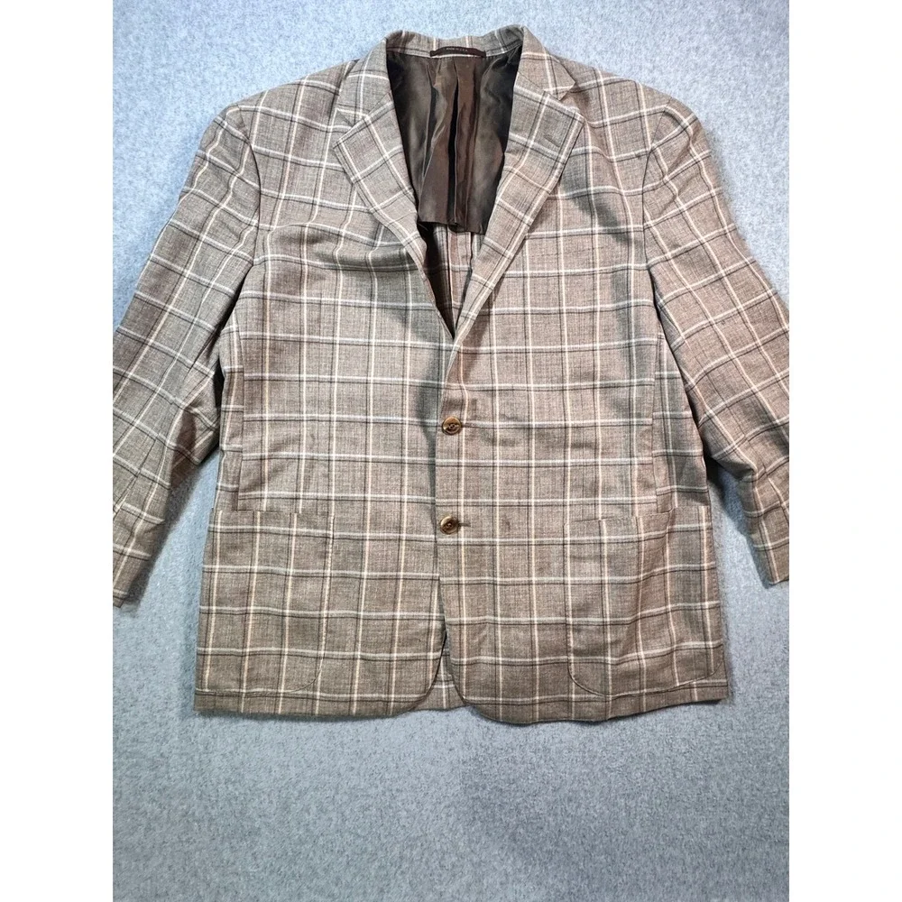Vintage Made in USA Plaid Sport Coat Brown Tan Windowpane Blazer Men 2 Button